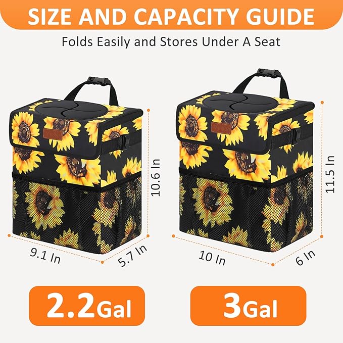 3 Gallons Car Trash Can with Lid, Car Bag Bin Hanging Waterproof Automotive Garbage Cans Leak Proof Vehicle Trash Can Sunflower