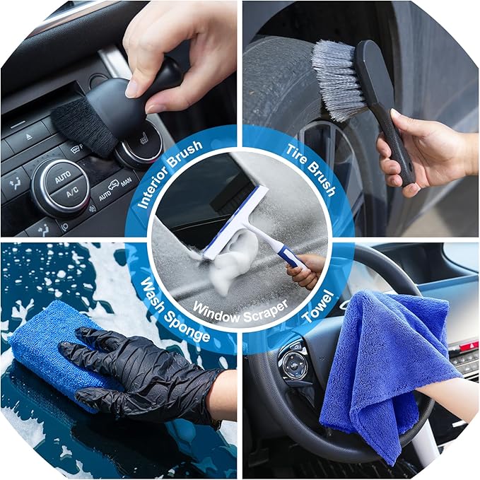 AUTODECO 29Pcs Car Detailing Kit Wash Cleaning Kits with Pump Foam Sprayer Collapsible Bucket Wash Brush Large Wash Mitt Towels Complete Interior Exterior Car Detailing Supply Set Blue