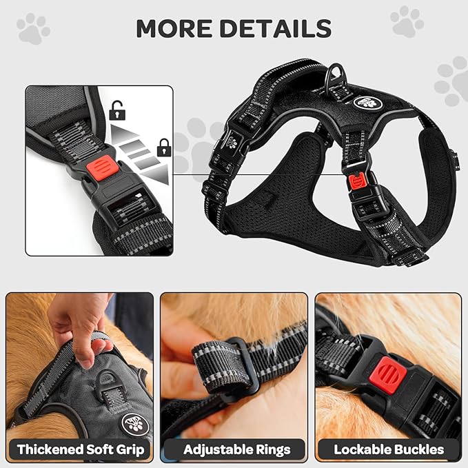 FURRYFECTION Plaid Dog Harness for Medium Dogs, Reflective No Pull Adjustable Pet Vest with Front Clip, Leash, Easy Control Handle and Seat Belt, Black, M