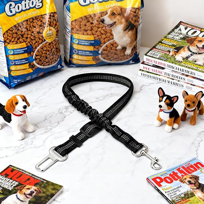 Black Adjustable Dog Car Safety Seat Belt with Elastic Cushion Leash & Anti-Tangle Metal Buckle