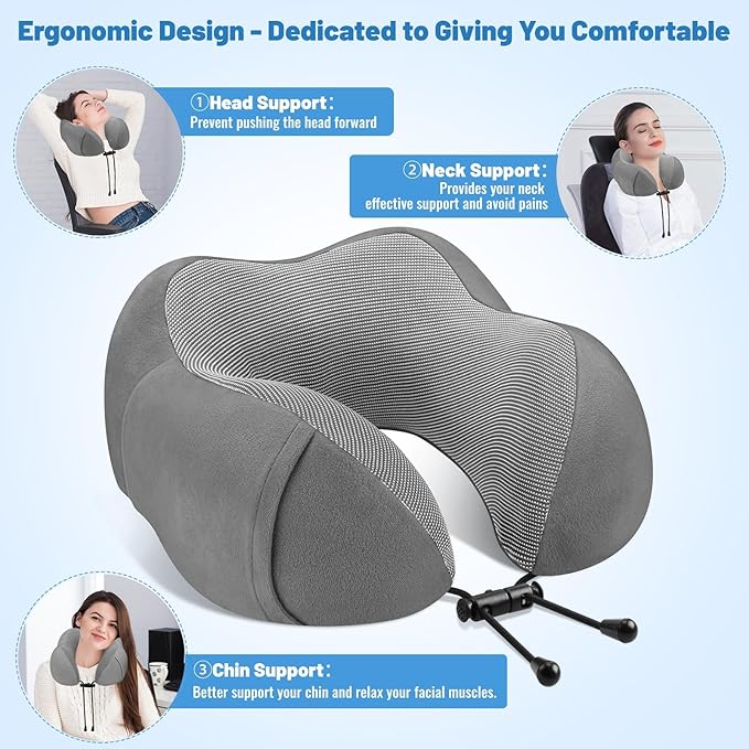 CloudBliss Travel Pillow Premium Memory Foam, Comfortable & Supportive Neck Pillow, Sleeping Neck Pillows for Travel, Airplane Pillow for Sleeping Airplane, Car, Office and Home（Dark Grey）