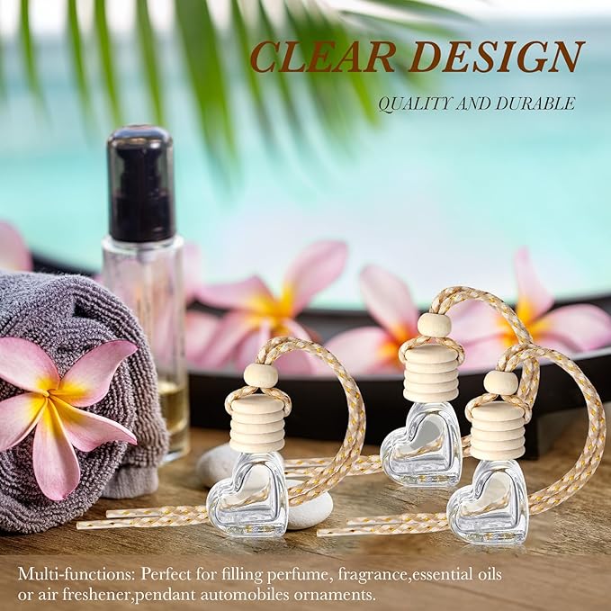 BBTO 200 Pcs Hanging Car Diffuser Bottles Bulk, Empty Clear Glass Air Freshener Bottles with Wooden Cap for Perfume Essential Oils Fragrance Aromatherapy Ornament(Heart)