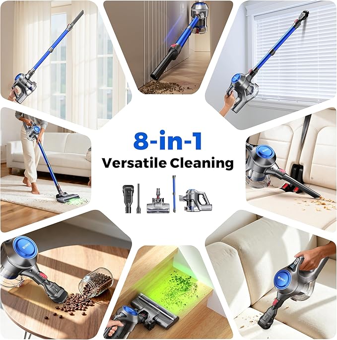 Cordless Vacuum Cleaner, Stick Vacuum Cleaners for Home with 40Kpa Powerful Suction, 45 Mins Runtime, 1.6L Dust Box, Anti-Tangle, 8-in-1 Rechargeable Vacuum for Hardwood Floor, Carpet, Pet Hair