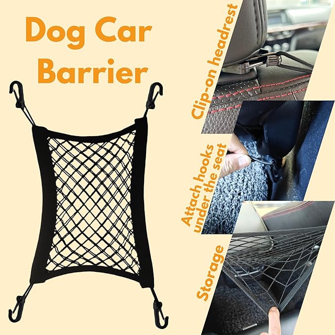 Dog Car Accessories Essentials Kit, with 2 Retractable Harness Adjustable Seat Belt Leash, Portable Collapsible Pet Bowl, Car Net Barrier for Dogs in Vehicle, and 4 Headrest Hooks for Hanger