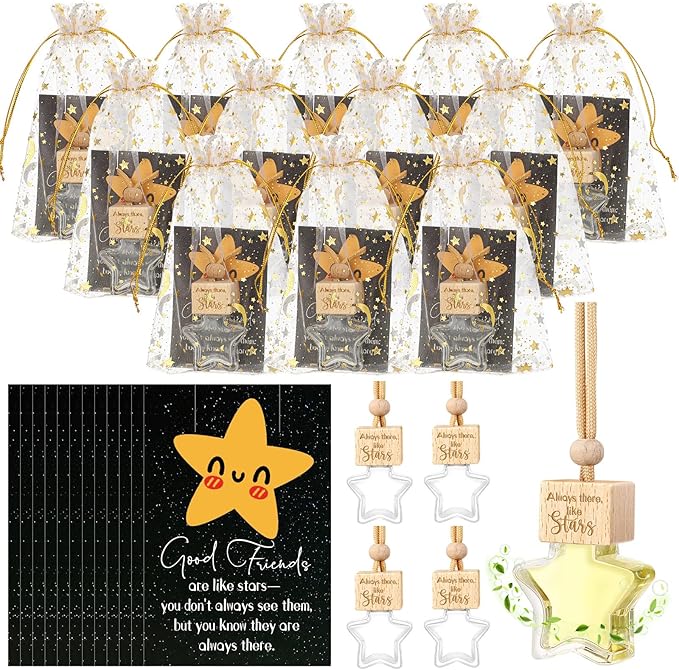 12 Sets Hanging Car Air Freshener Diffuser Ornament Gratitude Card Star Empty Glass Oil Bottle Leather Car Air Freshener Employee Appreciation for Friend Roommate BFF Bestie Fragrance Aromatherapy