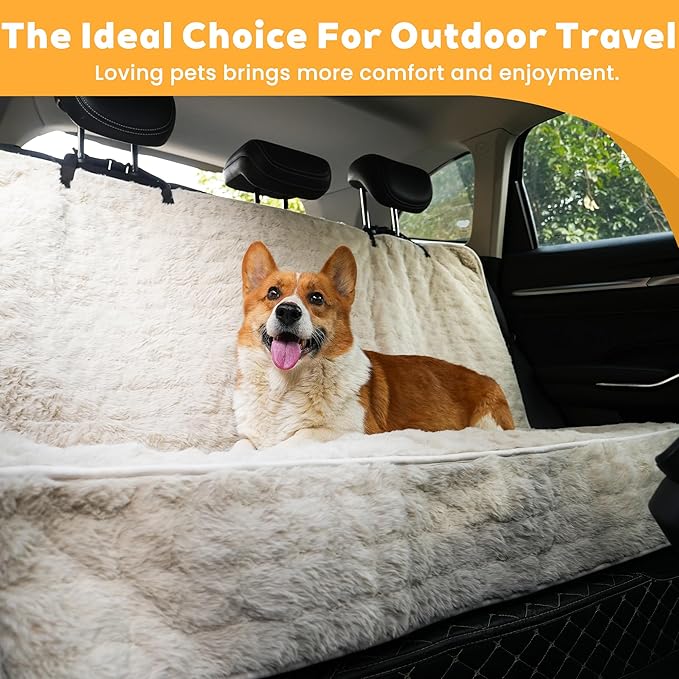 Dog Car Seat Cover for Back Seat & Front Seat, Plush Faux Fur Pet Car Seat Protector with Waterproof Layer, Non-Slip Bottom, Side Flaps, Machine Washable (Back Seat Beige)