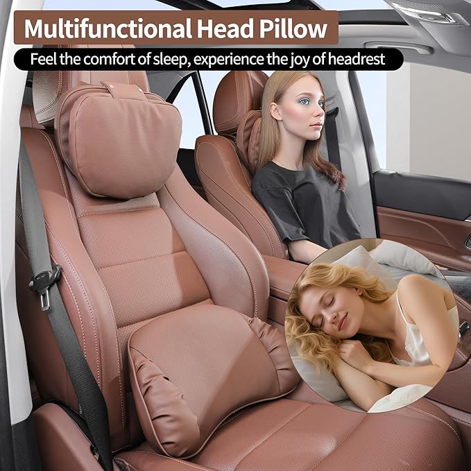 Car Headrest Pillow for Driving, Dual-Sided Leather Design Neck Pillow, Breathable Softness Neck Support, Universal Fit Head Rest Travel Pillow, Brown, 1 Pack