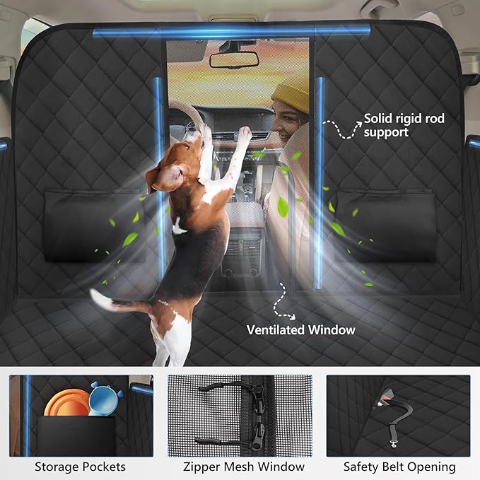 Back Seat Extender for Dogs-Large Space, High Barrier Hard Bottom Dog Car Seat Cover for Back Seat Hold 420lb, Backseat Protector Pet Bed, Waterproof Dog Hammock for Car SUV and Trucks, Black
