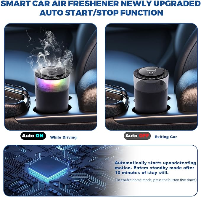 Smart Car Diffuser for Essential Oil with Smart Spray Modes (3 Settings) & Essential Oil Monitor, USB-C Rechargeable, Auto On/Off,Long Lasting (3 Scents Refills) Car Scent with 4 Ambient Light