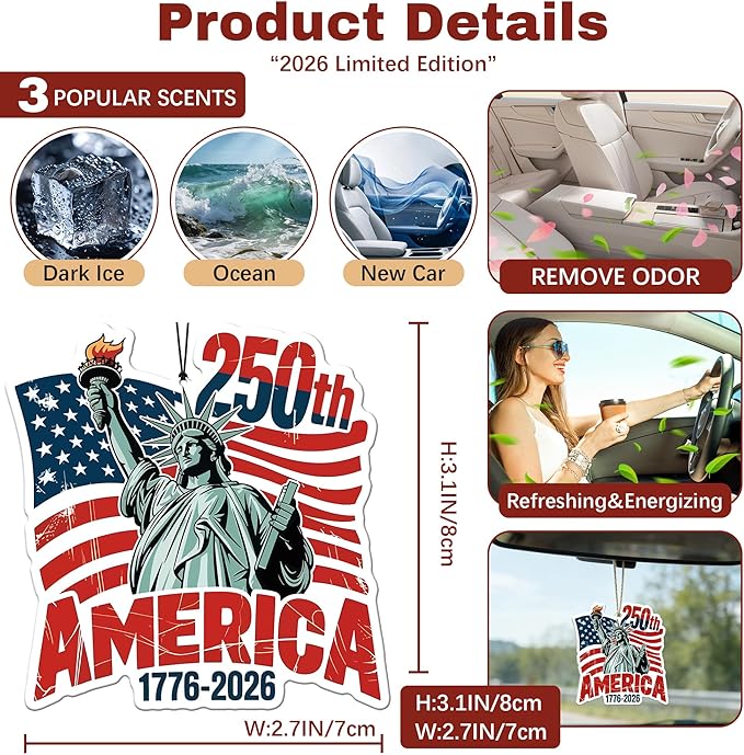 9Pcs USA 250th Anniversary Car Air Freshener, 1776-2026 Semiquincentennial Commemorative Hanging Ornament, Patriotic Double-Sided Scented Tablet, 2026 Independence Day Souvenir Gifts (Style 2)