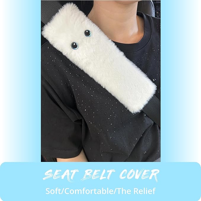 White Cat Eyes Seat Belt Strap Cover Pad, Cute Funny Kawaii Interior Car Accessories Decor, for Auto Car Truck Pickup 2025, Artificial Soft Wool, Fluffy Shoulder Neck Cushion Protector, 2 PCS