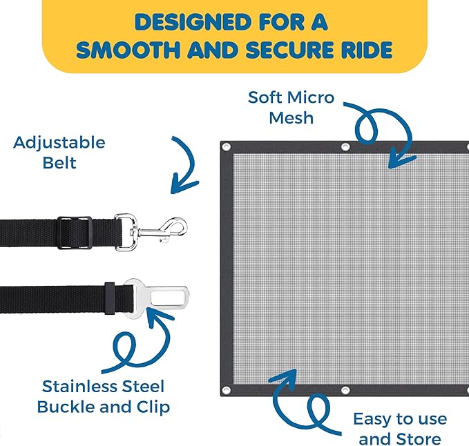 SunGrow  Dog Seat Belts with Barrier, 2 Adjustable 28" Nylon Belts, 24" x 45" Micro Mesh Net Divider for Cars, SUVs, and Trucks, 4 Hooks and Luggage Ropes for Assembly, Black, 1 Set per Pack
