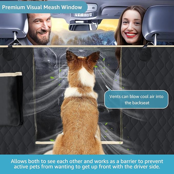 Lassie Dog Car Seat Covers for Back Seat with 2 Seat Belts, Waterproof Dog Car Hammock with Mesh Window Durable Scratch Proof Nonslip Pet Carseat Covers Universal Fit Protector for Cars, Trucks & SUVs