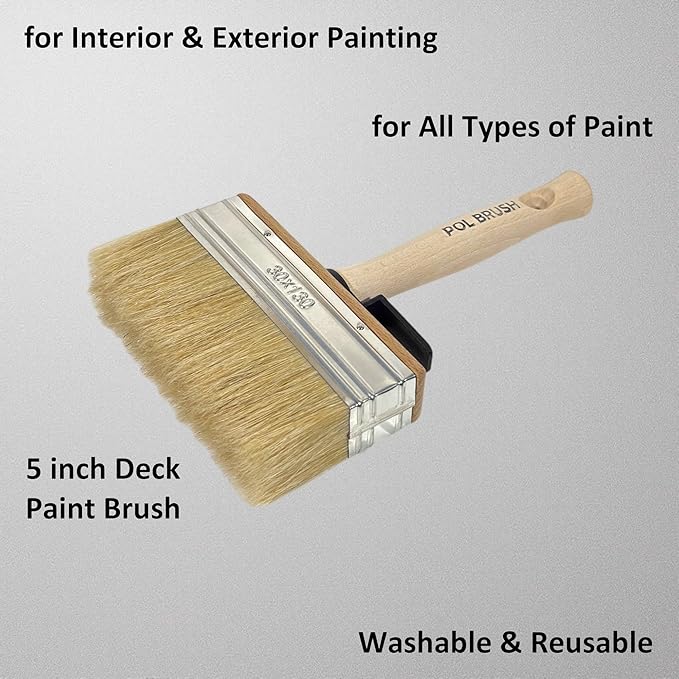 5 Inch Stain Deck Wide & Thick Paint Brush - High European Quality - Natural Bristles - for Home, Wood, Walls, Art, Trim & Furniture - for Acrylic, Oil, Stain, Chalk & Latex Paints