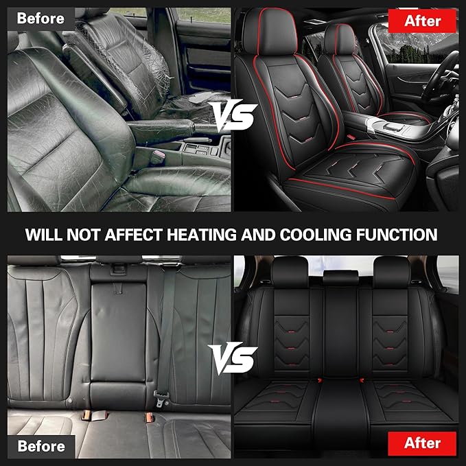 otoez Car Seat Covers Full Set, 5 Seats Leather Seat Cover for Car, Black Automotive Front and Back Seat Cushion Protector Waterproof and Non-Slip for Most Sedens Trucks SUVs, Black