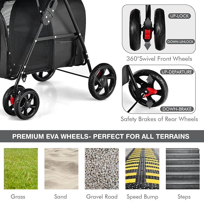 Giantex Double Pet Stroller with 2 Detachable Carrier Bags, Safety Belt, 4 Lockable Wheels, Folding Cat & Dog Stroller for Small Medium Pets, Cats Dogs Puppy Travel Strolling Cart (Black)