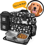 Week Away Dog Travel Bag (15"x7"x14", Paw Print) - Includes 2 Pet Food Storage Containers + 2 Collapsible Dog Water Bowls - Airline Approved Travel Accessories, Great for Weekend Trips