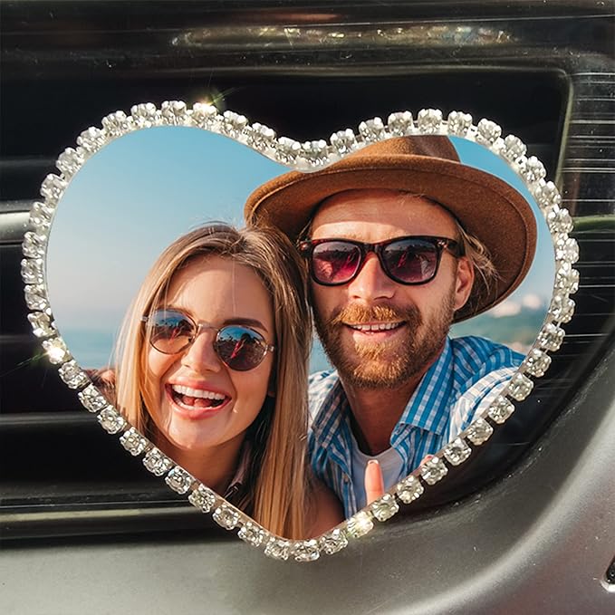 Custom Rhinestone Car Air Vent Clips, Personalized Rhinestone Photo Frame Air Fresheners Vent Clips, Car Decoration for Missing One, In Memory of Someone(Rhinestone-Bordered Heart)