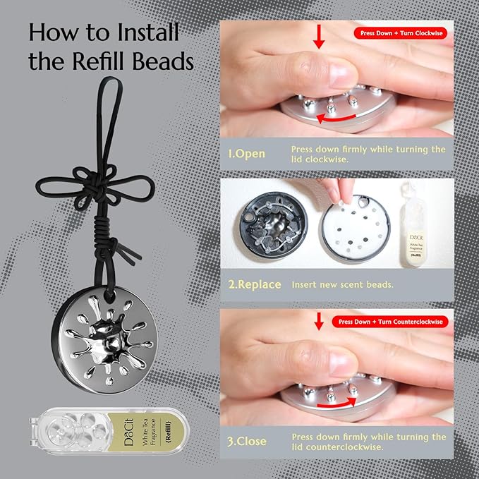 Car Air Freshener Hanging, Car Fresheners Long Lasting for Men & Women, Refillable Essential Oil Diffuser with 7 Beads + 14 Refills, 40+ Days Scent for Home, Office, Bathroom - White Tea