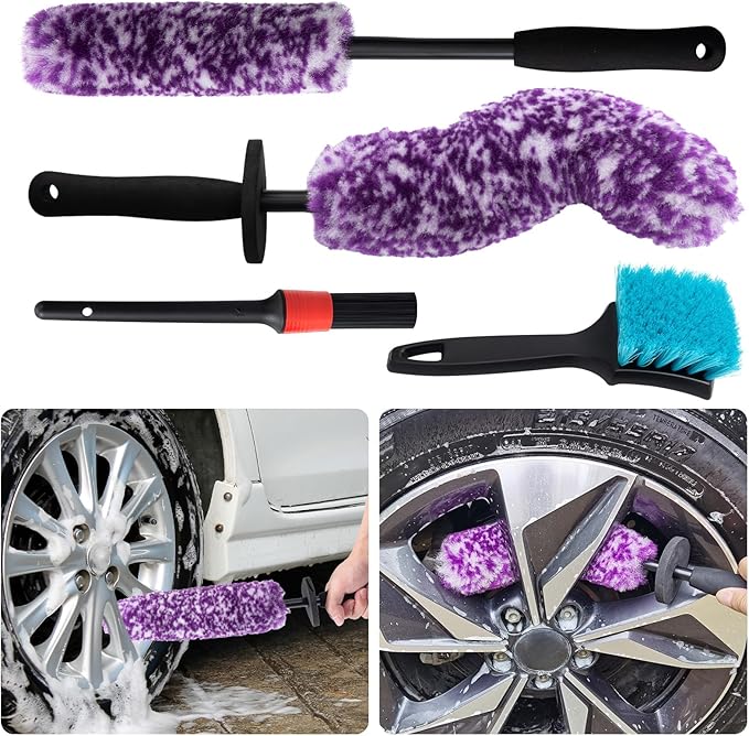4 Pack Wheel Tire Cleaning Brush Kit Cars Motorcycles RVs Trucks Rim Hub Ultra Soft Microfiber No Spatter 360 Bendable Synthetic Woolies Wash Vehicles Bristle Set