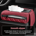 5 in 1 Car Center Console Cover, Armrest Pad with 2 Storage Pockets, Cup Holder, Tissue Box Slot, Phone Holder, Universal Car Interior Organizer (Burgundy)