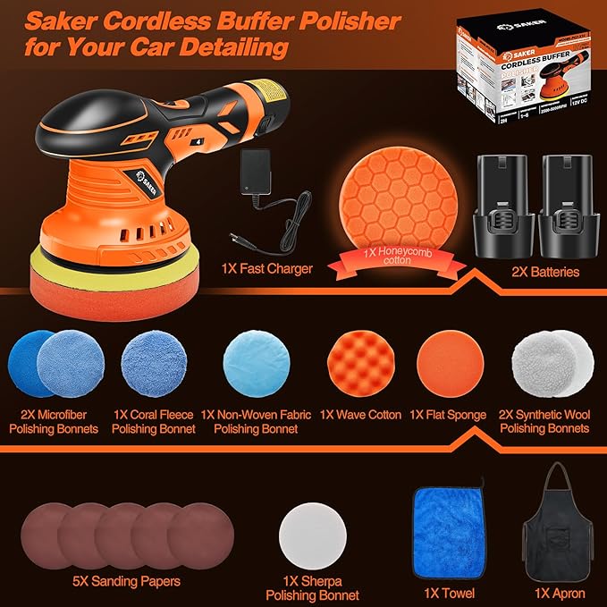 Saker Cordless Buffer Polisher, 6 Inch Fast Charging Portable Car Polishing Kit with 2PCS 12V 2000mAh Batteries, Polisher for Car Detailing Polishing Waxing