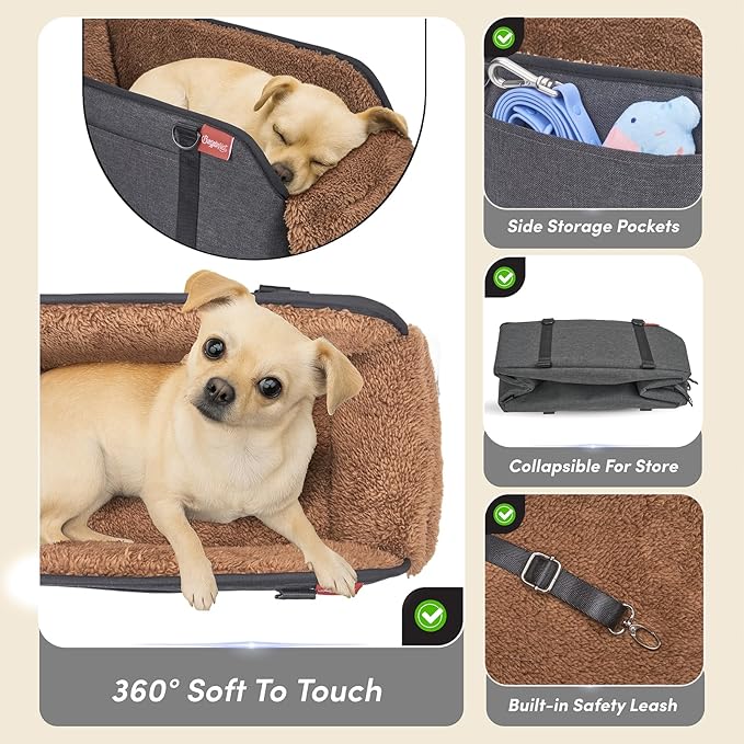 BurgeonNest Center Console Small Dog Car Seat - Portable Pet Cat Puppy Booster Armrest Carseat Up to 11lbs, Anti-Collapse Comfort Car Travel with Washable Fluffy Cushion and Pillow, Brown