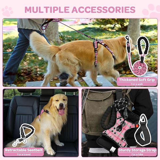 FURRYFECTION Plaid Dog Harness for Large Dogs, Reflective No Pull Adjustable Pet Vest with Front Clip, Leash, Easy Control Handle and Seat Belt, Pink&Black, L