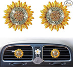 Bling Sunflower Air Vent Clips, 2 Pcs Golden Sunflower Car Air Fresheners Vent Clips Car Diffuser Diamond Decoration Interior Decor Cute Accessories for Women Girls + Mask Hook