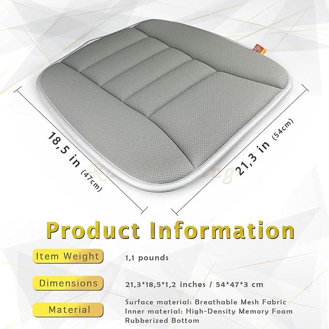 Car Seat Cushion Memory Foam Thin Seat Cushion for Car Truck Seat Driver, 20x18.5x1.2 Inches, Grey