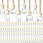 BBTO 120 Pcs Hanging Car Diffuser Bottles Empty Bulk, 8 Styles Empty Glass Air Freshener Bottles with Wooden Cap for Perfume Essential Oils Fragrance Aromatherapy Ornament