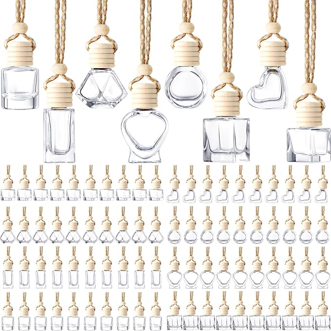 BBTO 200 Pcs Hanging Car Diffuser Bottles Bulk, 8 Styles Empty Glass Air Freshener Bottles with Wooden Cap for Perfume Essential Oils Fragrance Aromatherapy Ornament
