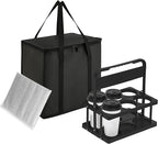 Reusable 6 Cup Drink Carrier with Handle and Insulated Food Delivery Bag, Portable Plastic Cup Caddy, 26L Grocery Cooler Box for Car Delivery, Travel, Picnic