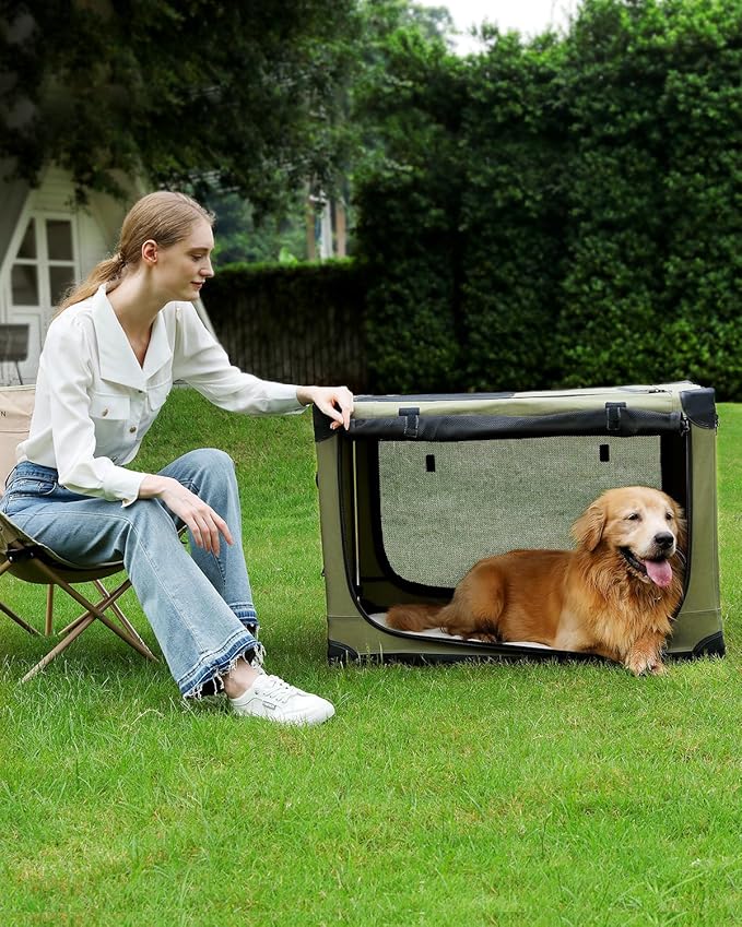 30" L x 21" W x 21" H Collapsible Travel Dog Crate, Portable Soft Dog Kennel for Medium Dogs up to 45 lbs, 4-Door Foldable Travel Crate with Durable Mesh & Storage Bag, Green