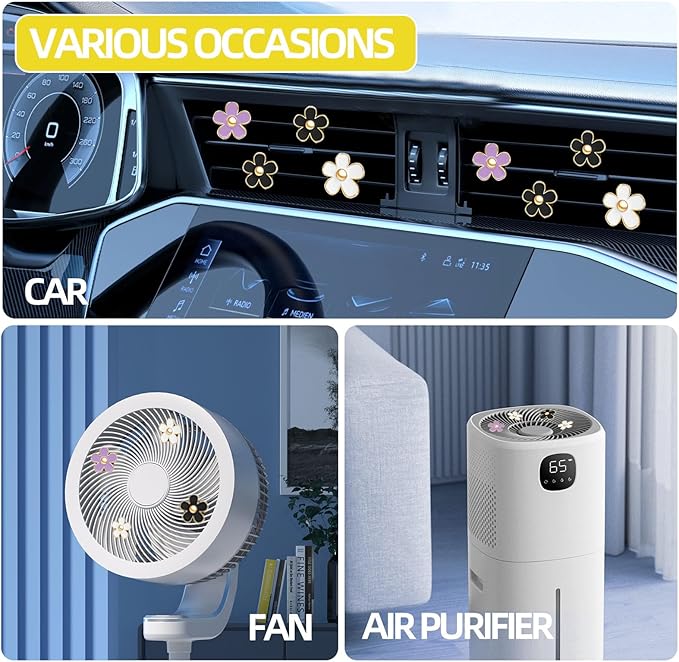 NBTEPEM 6 PCS Daisy Flower Air Vent Clip Car Decoration Accessories Air Conditioning Outlet Clip Car Air Freshener Clip Charm Car Interior Decor(3 cm, 3.3 cm, White, Black, Purple)