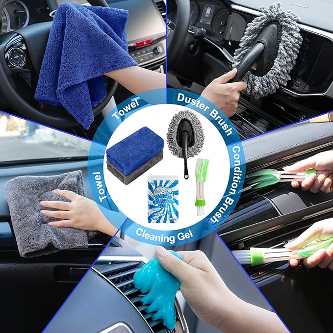 AUTODECO 20Pcs Car Cleaning Wash Kit Interior Detailing Cleaner Kit with High Power Handheld Vacuum, Brush Set, Windshield Tool, Duster, Towels, Complete Car Care Tools, Blue