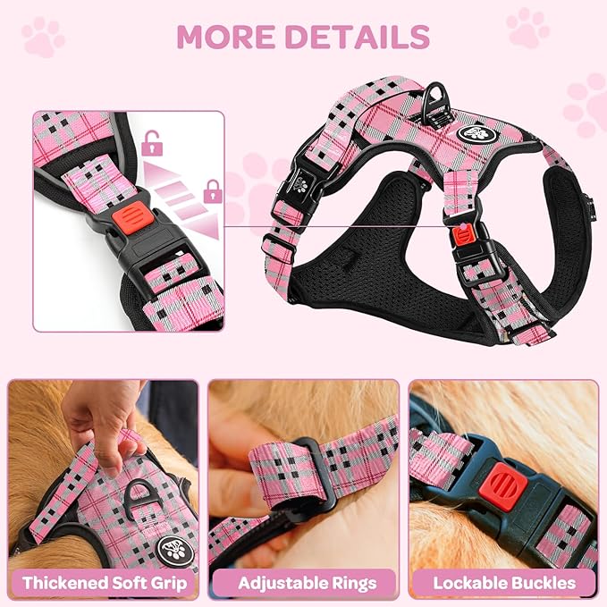 FURRYFECTION Plaid Dog Harness for Large Dogs, Reflective No Pull Adjustable Pet Vest with Front Clip, Leash, Easy Control Handle and Seat Belt, Pink&Black, L