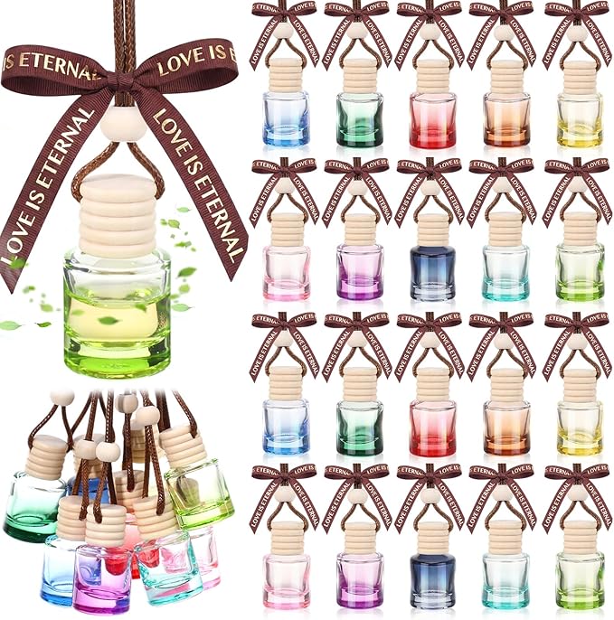Mudder 50 Pcs Gradient Hanging Car Air Freshener Empty Clear Glass Diffuser Bottles for Essential Oils Perfume Pendant for Women Guests Wedding Favors Employee Appreciation Gifts(Cylinder,Colorful)