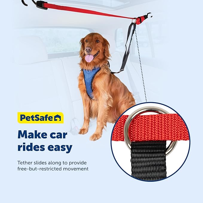 PetSafe Happy Ride Dog Zipline - Secure Backseat Mobility Dog Travel Restraint - Decreases Driver Distraction - Adjustable Strap & Quick-Release Tether Clips - Tool-Free Installation
