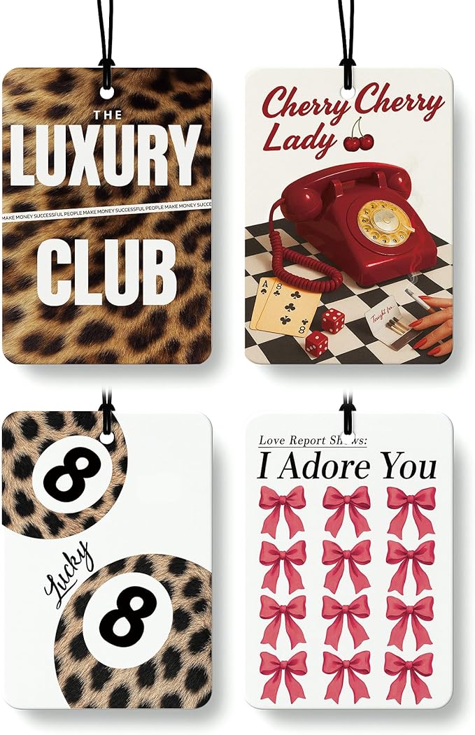 Trendy Cheetah Print Car Air Freshener 4 Pcs, Coquette Red Bow Leopard Print Lucky 8 Ball Hanging Air Freshener for Cars Closet Drawer Books, Girly Car Accessories Mirror Decor for Women