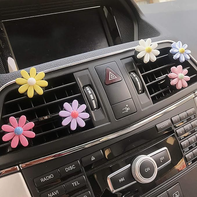 4 Pieces Daisy Flower Air Vent Clips, Cute Colorful Car Air Freshener Clip & Diffuser, Boho SUV Outlet Vent Decorations, Charm Car Inter Decor Accessories for Girls Women