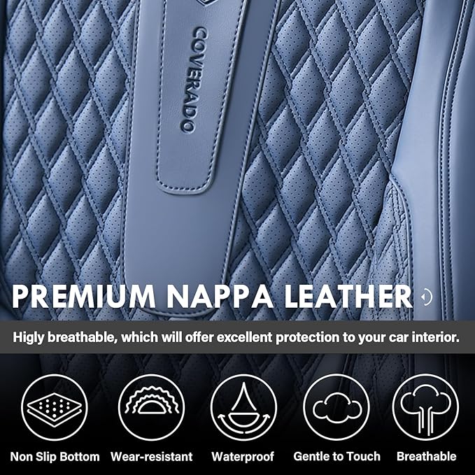 Coverado Front Seat Covers, Car Seat Covers Front Seats, Nappa Leather Seat Covers for Cars, Waterproof Seat Covers with Lumbar Support Universal Fit for Most Cars SUV Trucks (Front, Blue)