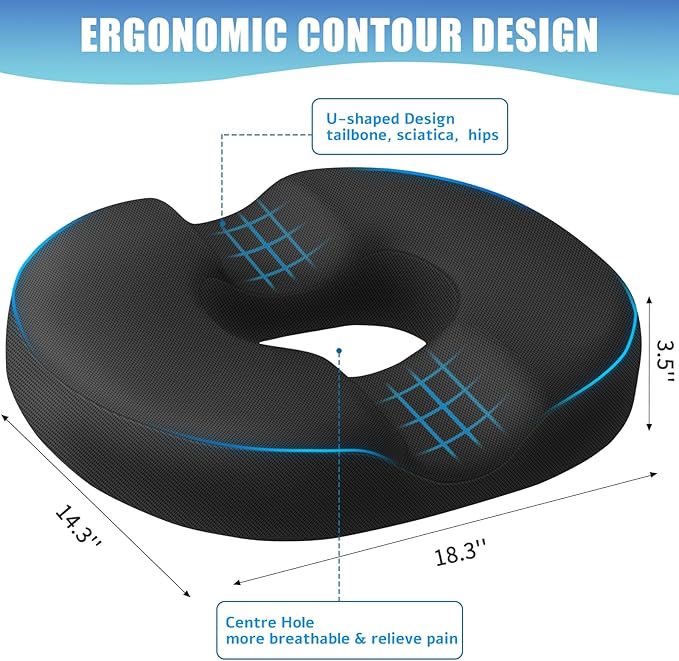 BlissTrends Donut Pillow Seat Cushion, Donut Chair Cushions for Postpartum Pregnancy & Hemorrhoids, Tailbone Pain Relief Cushion, Memory Foam Lifting Cushions for Office & home Chairs (Black, X-Large)