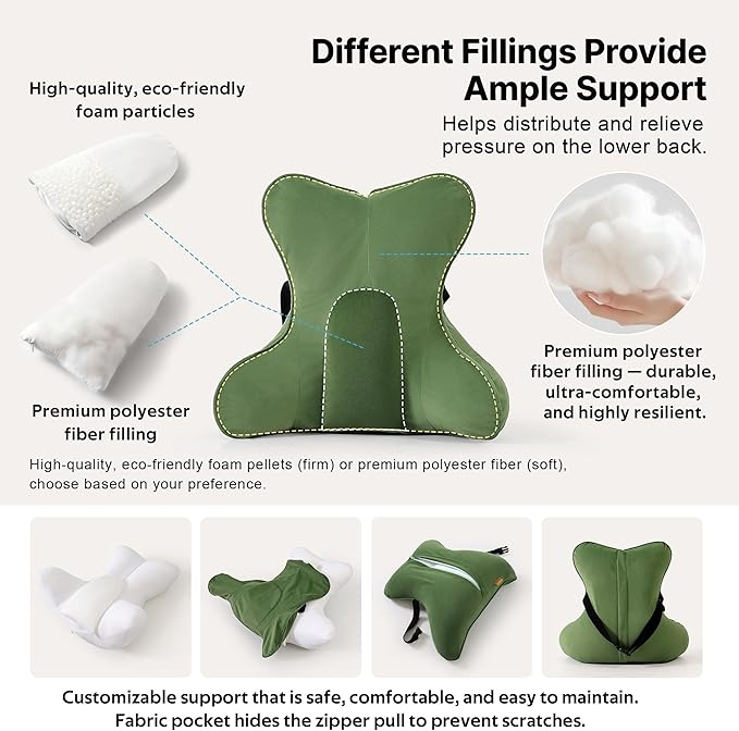 Lumbar Support Pillow(Pat. Pend) for Lower Back Pain Relief – Multi-Functional Ergonomic Lumbar Cushion, Reading Pillow for Office Chair, Car Seat & Sofa,Olive Green