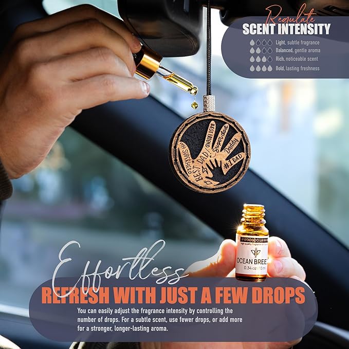 Handmade Wood Car Air Freshener — Father’s Hands Designed Refillable Essential Oil Diffuser — Long Lasting Ocean Breeze Fragrance Oil 10 ml — Car Accessories Gift Box