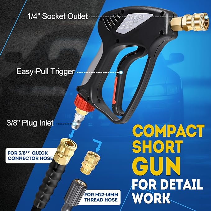 TOOLCY 5000 PSI Pressure Washer Gun with Swivel Inlet, Short Power Washer Gun with Nozzle Tips, Ergonomic Handle, 3/8'' Male Plug, M22-14mm, 1/4" Quick Connector, Sturdy Design for Gas Pressure Washer