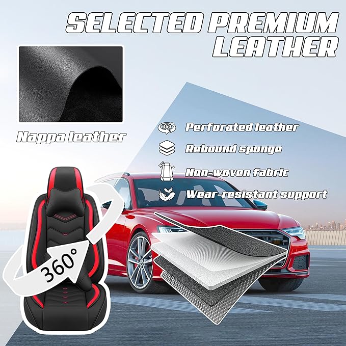Car Seat Covers Fit for Toyota rav4 2000-2026, Stylish Sport Seat Covers, Waterproof Wear-Resistant Premium Nappa Leather Car Seat Cover.(2 Pcs Front with Pillow/Black Red)