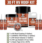 Liquid Rubber RV Roof Coating 30 Ft Leak Repair Kit – Solar Reflective, Waterproof & Weatherproof Protection – Complete System with Sealer, EPDM Primer, Cleaner, Seam Tape & Lap Sealant