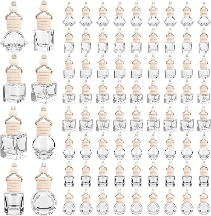 Dandat 80 Pcs 8 ml Hanging Car Freshener Diffuser Pendant Bottle Empty Transparent Glass Aromatherapy Essential Oil Air Diffuser for Perfume Gift with Wooden Caps Lanyard, 8 Assorted Style