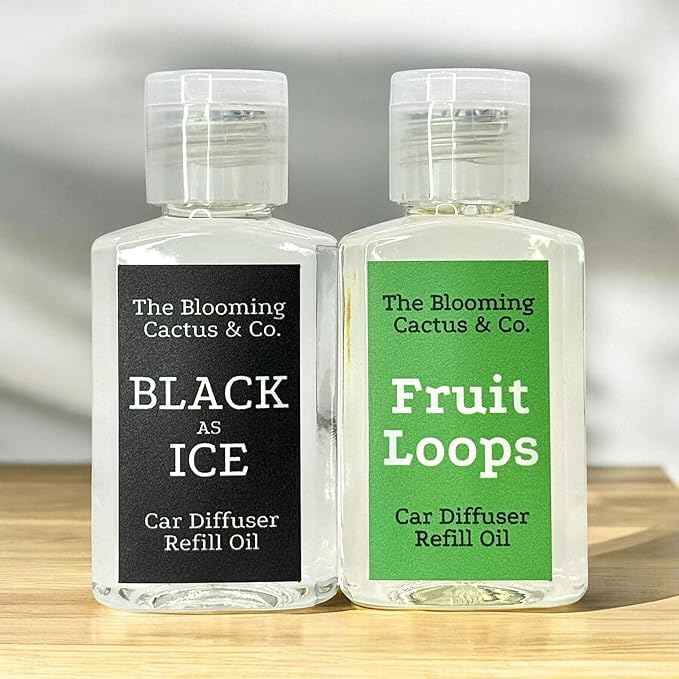 1 OZ Premium Car Diffuser Refill Oil – 2 Pack Long Lasting Fragrance Oil for Car, Home & Office | Compatible with Most Diffusers | Fresh, Pleasant Scent for Every Space (Black Ice + Fruit Loops)